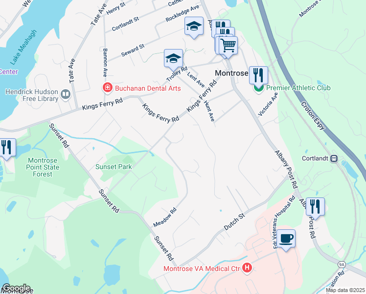map of restaurants, bars, coffee shops, grocery stores, and more near 16 Meadow Road in Montrose