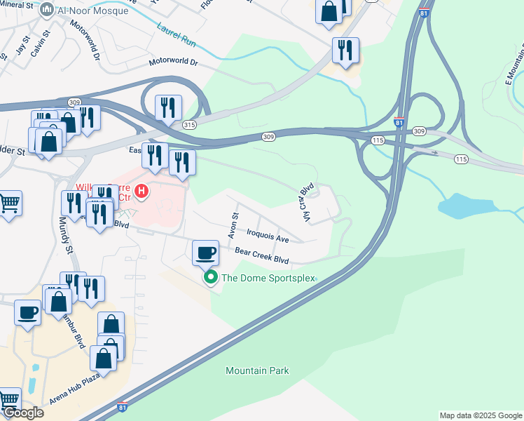 map of restaurants, bars, coffee shops, grocery stores, and more near 226 Seminole Avenue in Wilkes-Barre