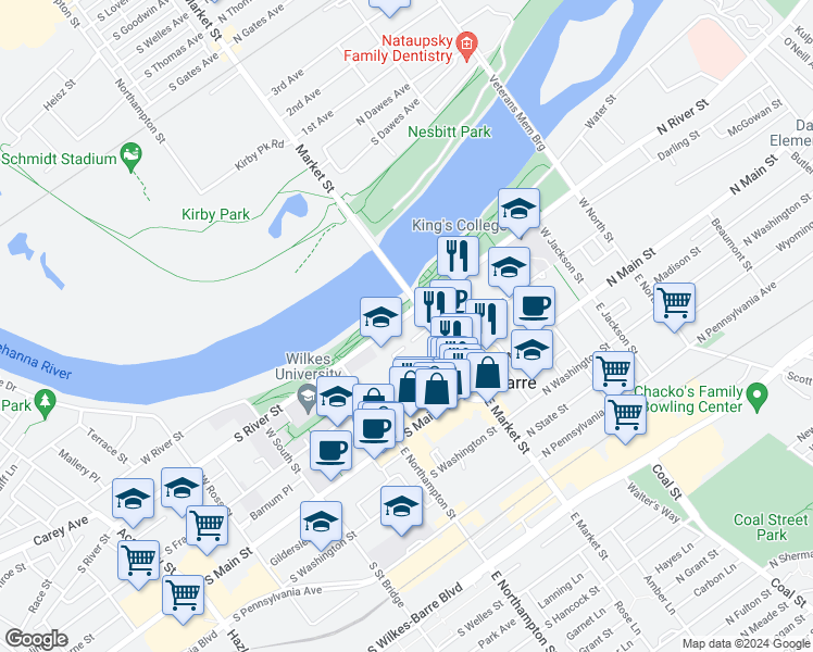 map of restaurants, bars, coffee shops, grocery stores, and more near 24 South River Street in Wilkes-Barre
