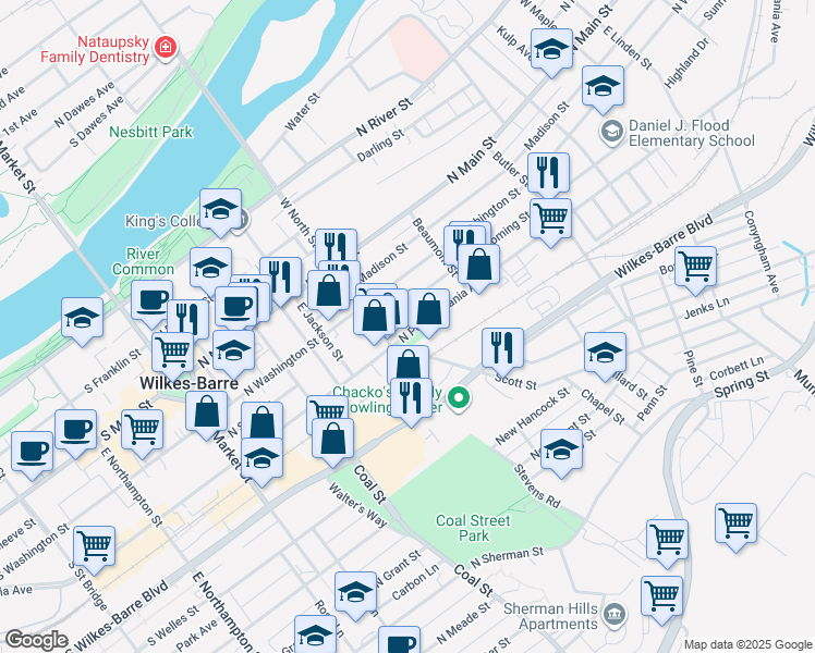 map of restaurants, bars, coffee shops, grocery stores, and more near 200 North Pennsylvania Avenue in Wilkes-Barre