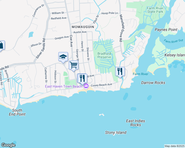 map of restaurants, bars, coffee shops, grocery stores, and more near 53 2nd Avenue in East Haven