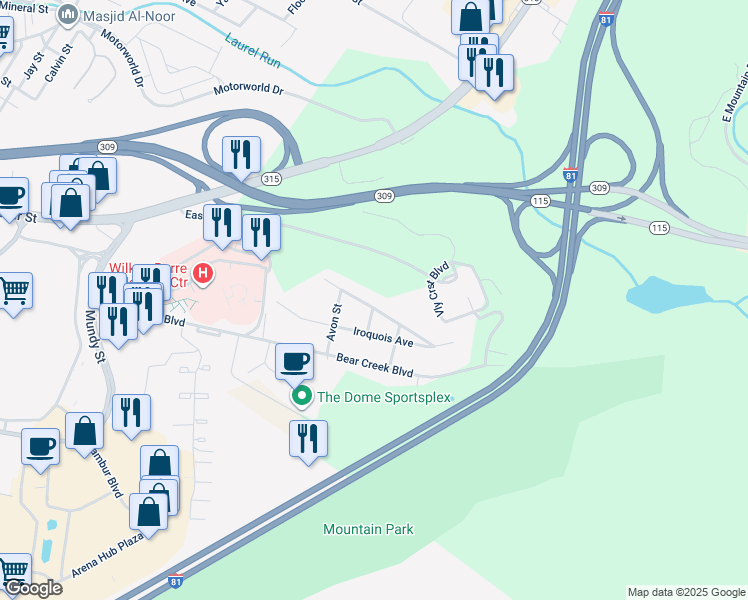 map of restaurants, bars, coffee shops, grocery stores, and more near 226 Seminole Avenue in Wilkes-Barre