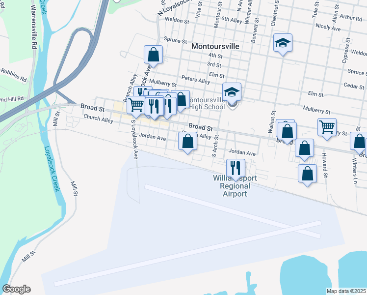 map of restaurants, bars, coffee shops, grocery stores, and more near 430-498 South Alley Street in Montoursville