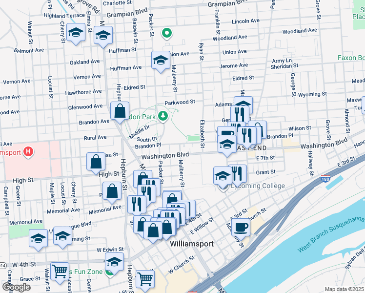 map of restaurants, bars, coffee shops, grocery stores, and more near 76 Washington Boulevard in Williamsport