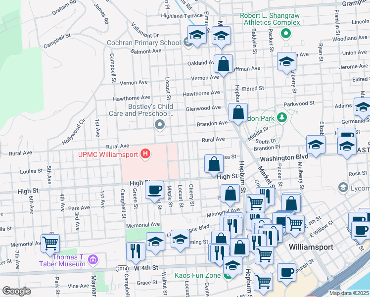 map of restaurants, bars, coffee shops, grocery stores, and more near 510 Louisa Street in Williamsport