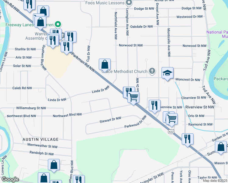 map of restaurants, bars, coffee shops, grocery stores, and more near 1951 Parkman Road Northwest in Warren
