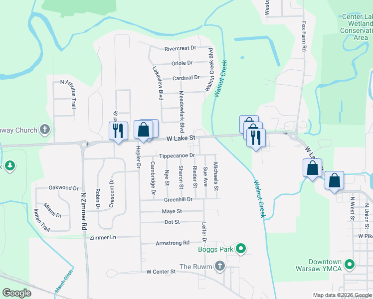 map of restaurants, bars, coffee shops, grocery stores, and more near 1834 Sharon Street in Warsaw