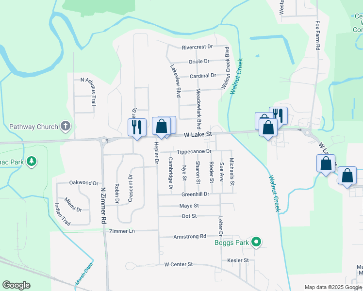 map of restaurants, bars, coffee shops, grocery stores, and more near 1835 Nye Street in Warsaw
