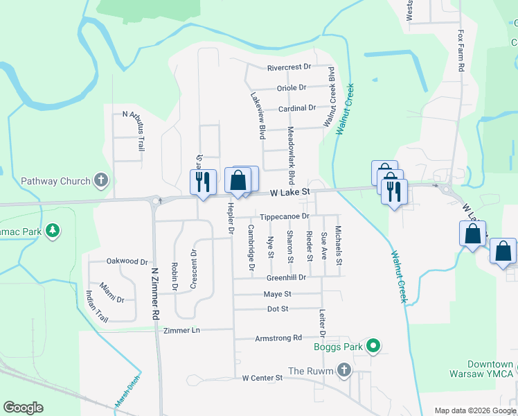 map of restaurants, bars, coffee shops, grocery stores, and more near 1835 Nye Street in Warsaw