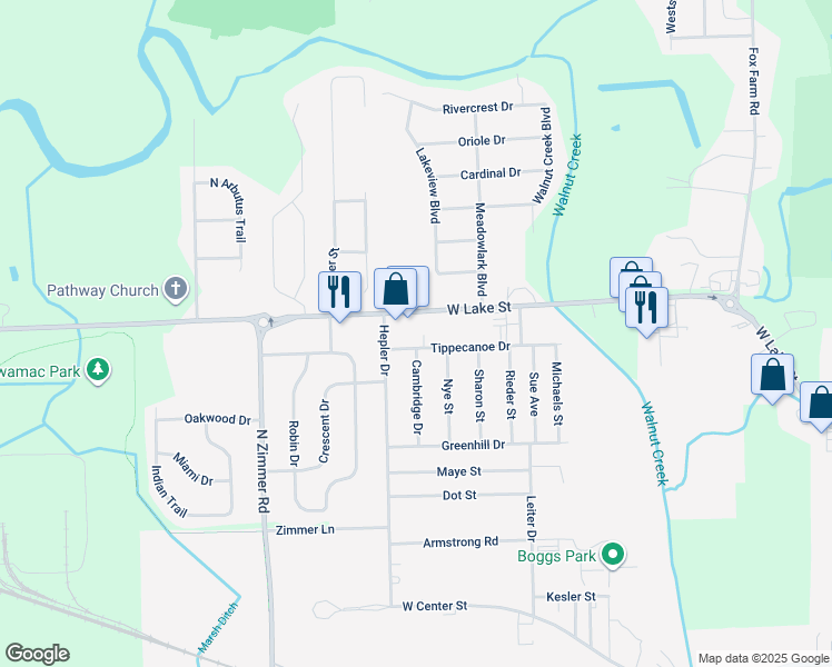 map of restaurants, bars, coffee shops, grocery stores, and more near 1835 Cambridge Drive in Warsaw