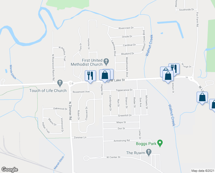 map of restaurants, bars, coffee shops, grocery stores, and more near 1835 Cambridge Drive in Warsaw