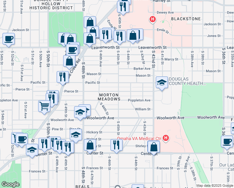 map of restaurants, bars, coffee shops, grocery stores, and more near in Omaha