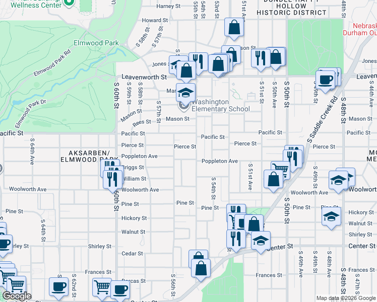 map of restaurants, bars, coffee shops, grocery stores, and more near 1304 South 55th Street in Omaha