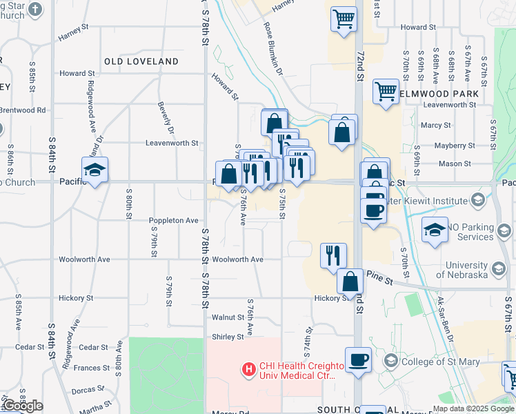 map of restaurants, bars, coffee shops, grocery stores, and more near 7610 Briggs Street in Omaha
