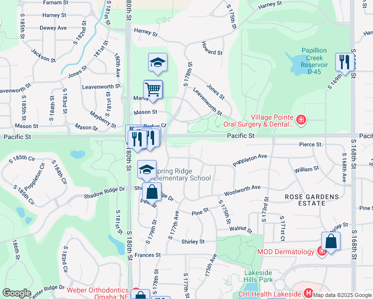 map of restaurants, bars, coffee shops, grocery stores, and more near 17710 Poppleton Avenue in Omaha