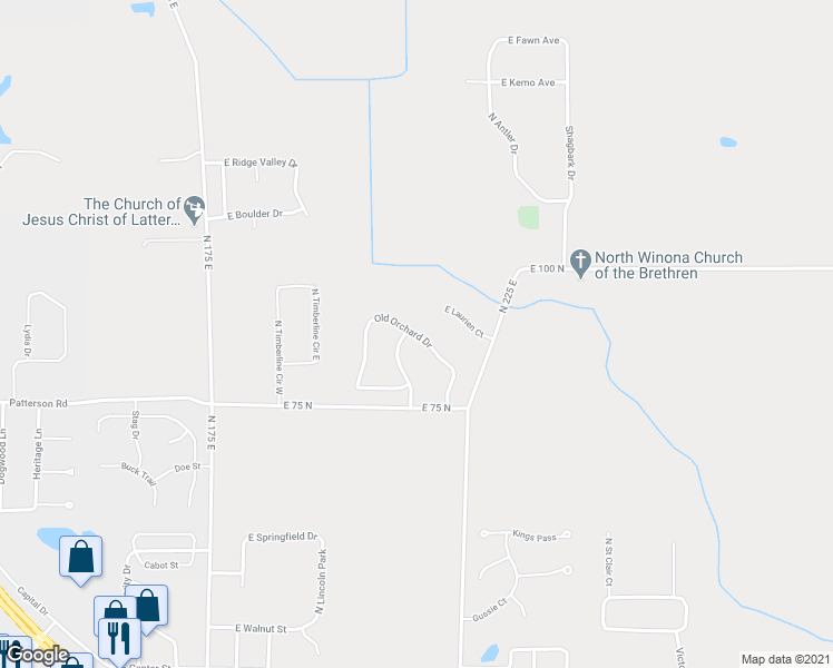 map of restaurants, bars, coffee shops, grocery stores, and more near 844 Old Orchard Drive in Warsaw