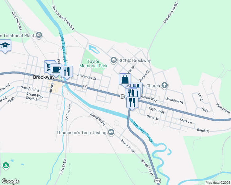 map of restaurants, bars, coffee shops, grocery stores, and more near 1101 Main Street in Brockway