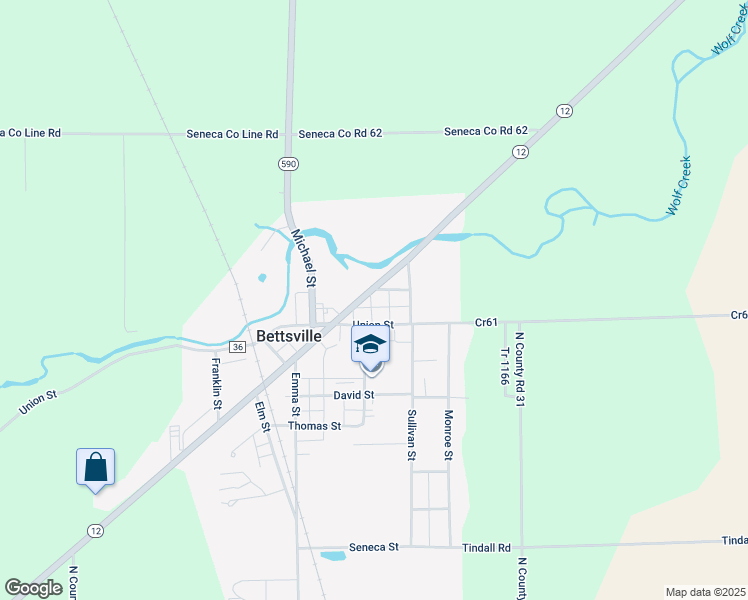 map of restaurants, bars, coffee shops, grocery stores, and more near 201-215 Union St in Tiffin