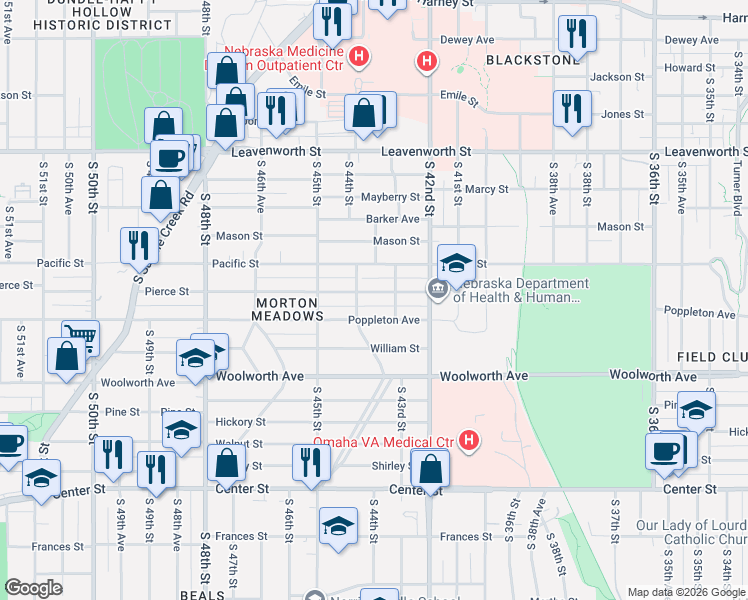 map of restaurants, bars, coffee shops, grocery stores, and more near 1220 South 43rd Street in Omaha