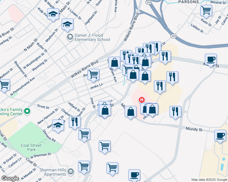 map of restaurants, bars, coffee shops, grocery stores, and more near 24-26 Mundy Street in Wilkes-Barre