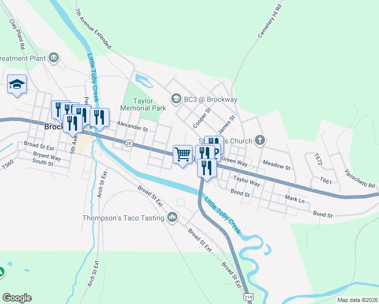 map of restaurants, bars, coffee shops, grocery stores, and more near 1101 Main Street in Brockway