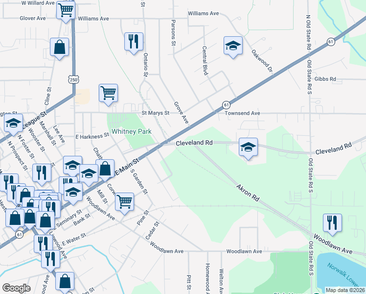 map of restaurants, bars, coffee shops, grocery stores, and more near 46 Cleveland Rd in Norwalk