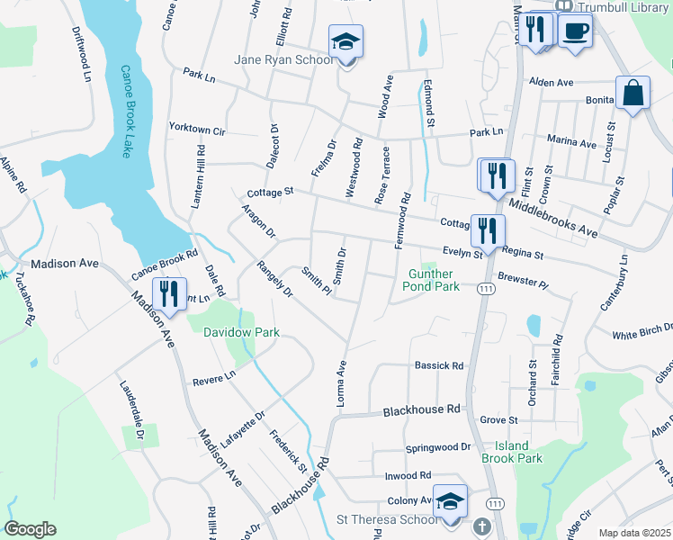 map of restaurants, bars, coffee shops, grocery stores, and more near 26 Smith Drive in Trumbull