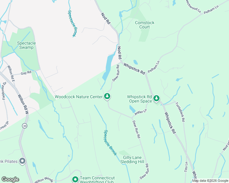 map of restaurants, bars, coffee shops, grocery stores, and more near 55 Deer Run Road in Wilton