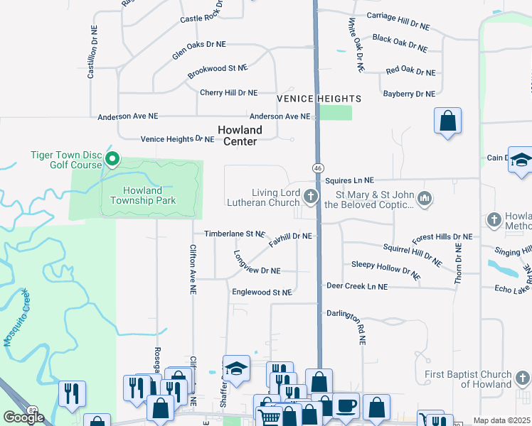 map of restaurants, bars, coffee shops, grocery stores, and more near 8241 Timberlane Street Northeast in Warren