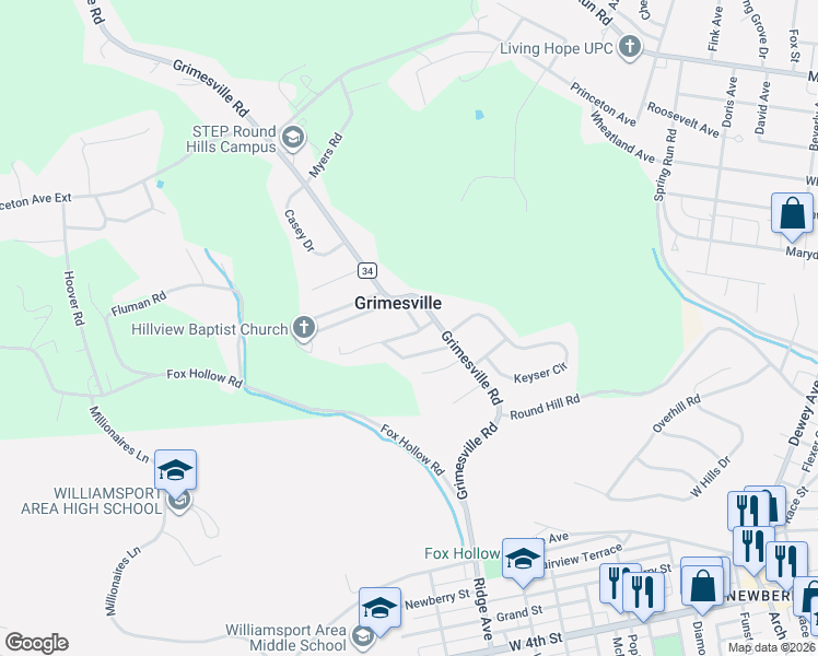 map of restaurants, bars, coffee shops, grocery stores, and more near 2-164 High Pines Road in Williamsport