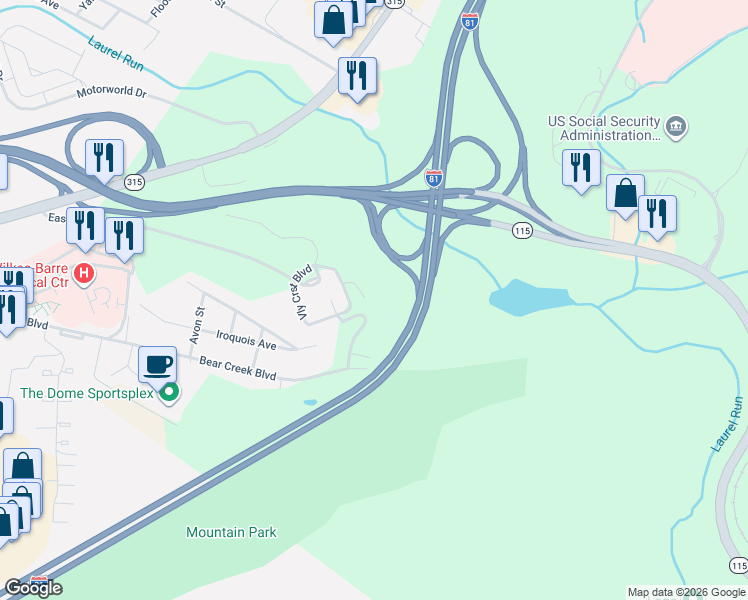 map of restaurants, bars, coffee shops, grocery stores, and more near 290 Bear Creek Boulevard in Wilkes-Barre