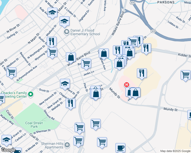 map of restaurants, bars, coffee shops, grocery stores, and more near 82-98 Maxwell Street in Wilkes-Barre
