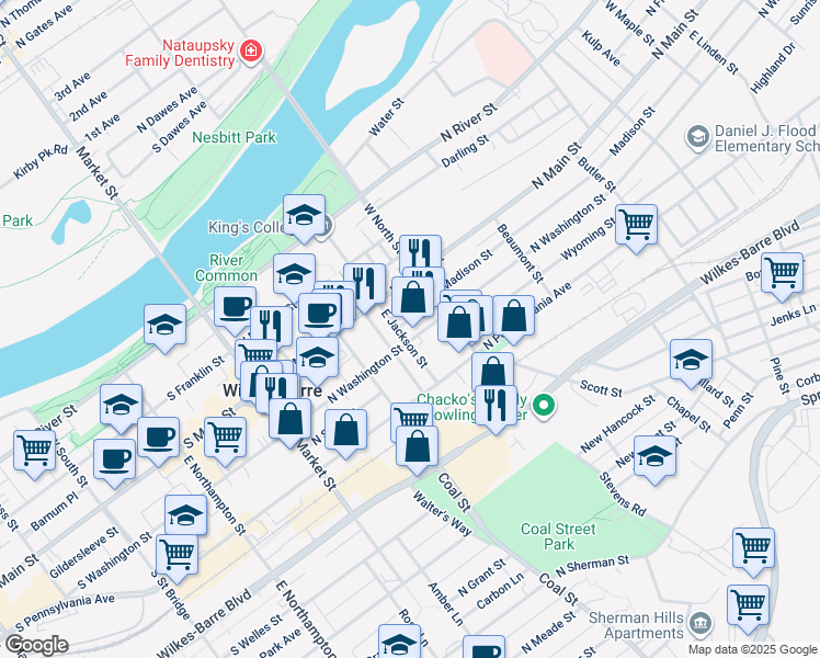 map of restaurants, bars, coffee shops, grocery stores, and more near 53 East Jackson Street in Wilkes-Barre