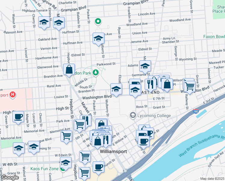 map of restaurants, bars, coffee shops, grocery stores, and more near 127 Washington Boulevard in Williamsport