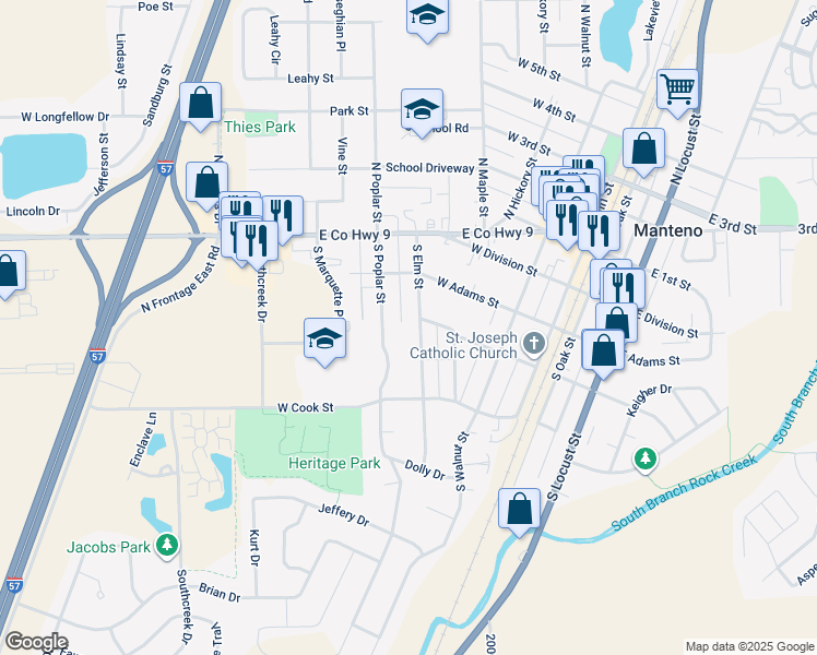 map of restaurants, bars, coffee shops, grocery stores, and more near 227 South Elm Street in Manteno