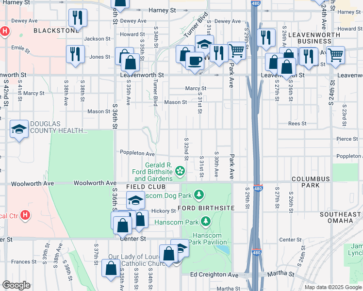 map of restaurants, bars, coffee shops, grocery stores, and more near 3221 Poppleton Avenue in Omaha