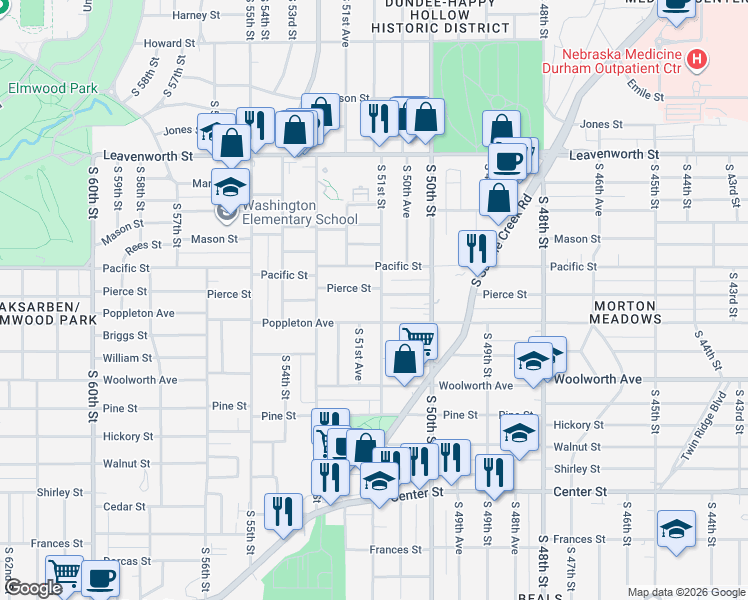 map of restaurants, bars, coffee shops, grocery stores, and more near 1302 South 51st Street in Omaha