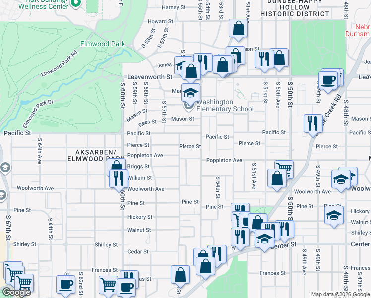 map of restaurants, bars, coffee shops, grocery stores, and more near 1302 South 56th Street in Omaha