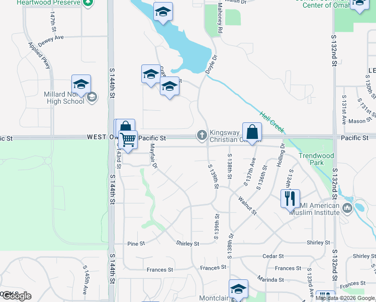 map of restaurants, bars, coffee shops, grocery stores, and more near 13929 Poppleton Circle in Omaha