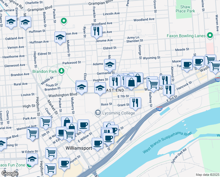 map of restaurants, bars, coffee shops, grocery stores, and more near 705 Penn Street in Williamsport