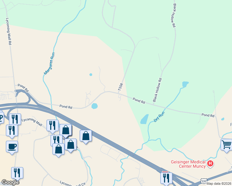 map of restaurants, bars, coffee shops, grocery stores, and more near 804 Pond Road in Muncy