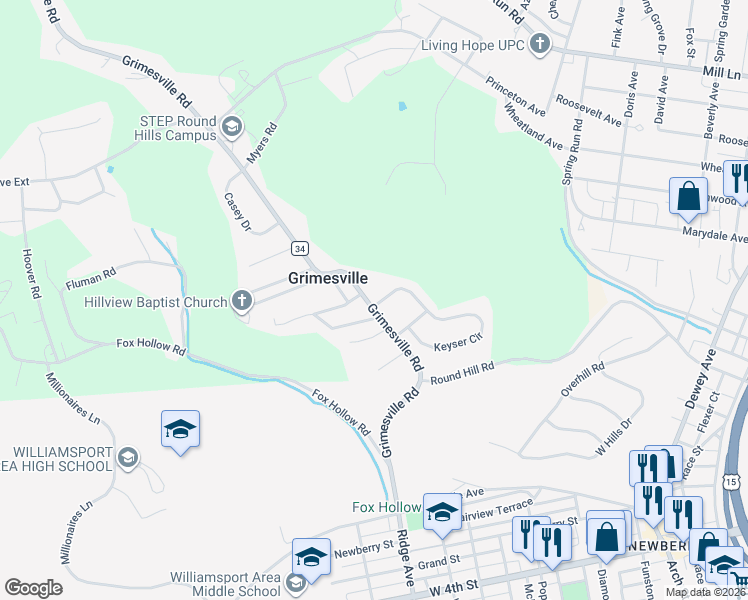 map of restaurants, bars, coffee shops, grocery stores, and more near 2-164 High Pines Rd in Williamsport