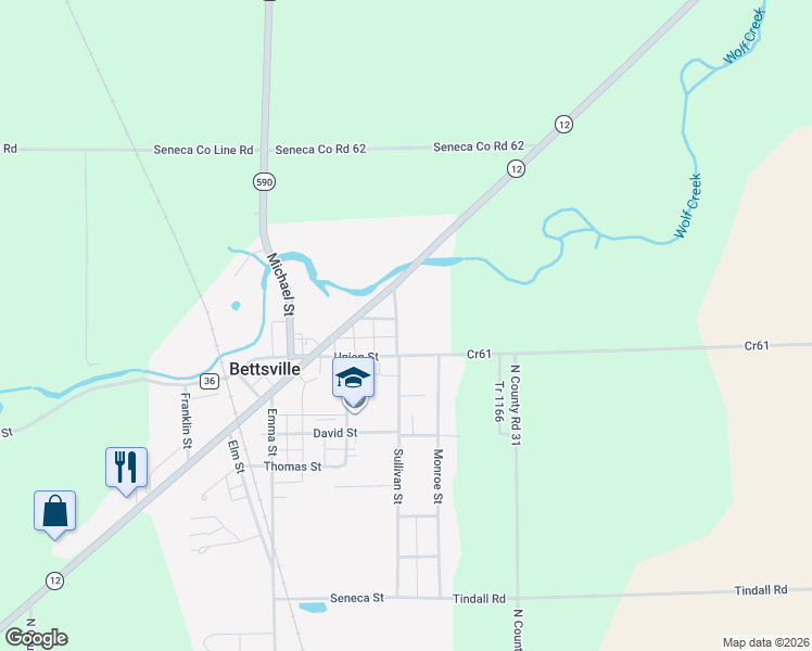 map of restaurants, bars, coffee shops, grocery stores, and more near 118 Sullivan Street in Bettsville