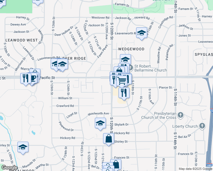 map of restaurants, bars, coffee shops, grocery stores, and more near 1231 South 121st Plaza in Omaha