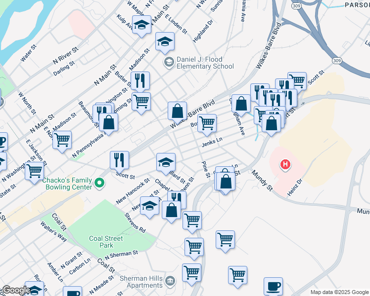 map of restaurants, bars, coffee shops, grocery stores, and more near 161 Kidder Street in Wilkes-Barre