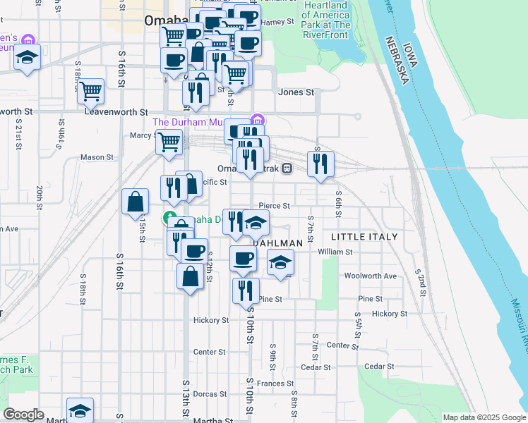 map of restaurants, bars, coffee shops, grocery stores, and more near 1111 South 9th Street in Omaha