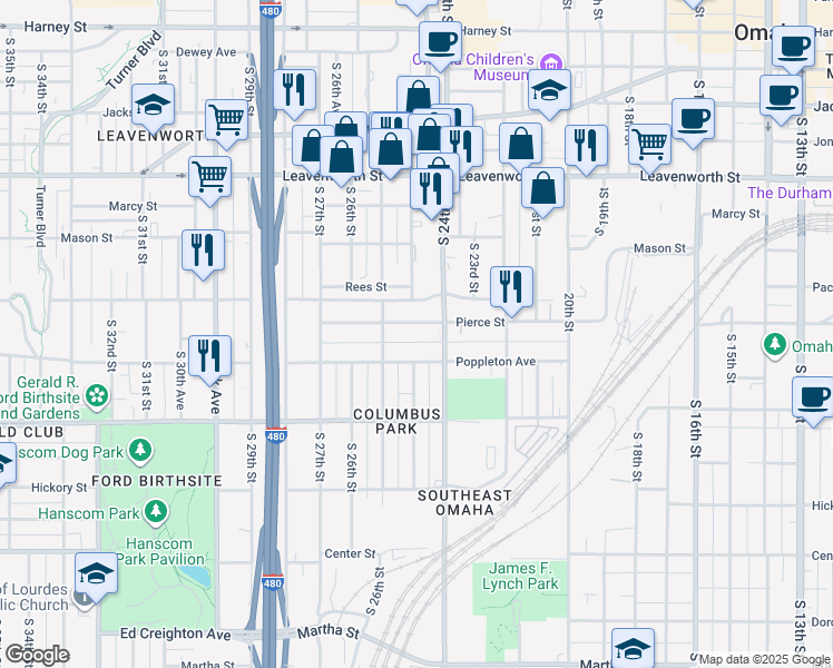 map of restaurants, bars, coffee shops, grocery stores, and more near 1110 South 24th Street in Omaha
