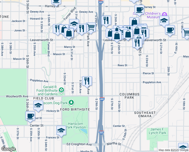map of restaurants, bars, coffee shops, grocery stores, and more near 1106 South 29th Street in Omaha