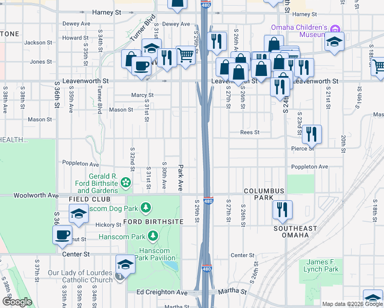 map of restaurants, bars, coffee shops, grocery stores, and more near 1106 South 29th Street in Omaha