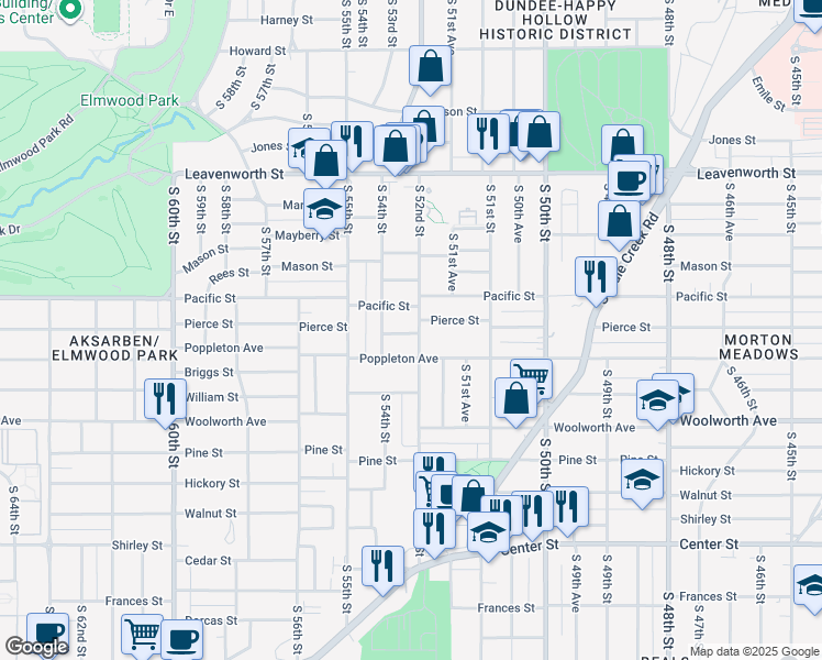 map of restaurants, bars, coffee shops, grocery stores, and more near 107 Pacific Street in Omaha